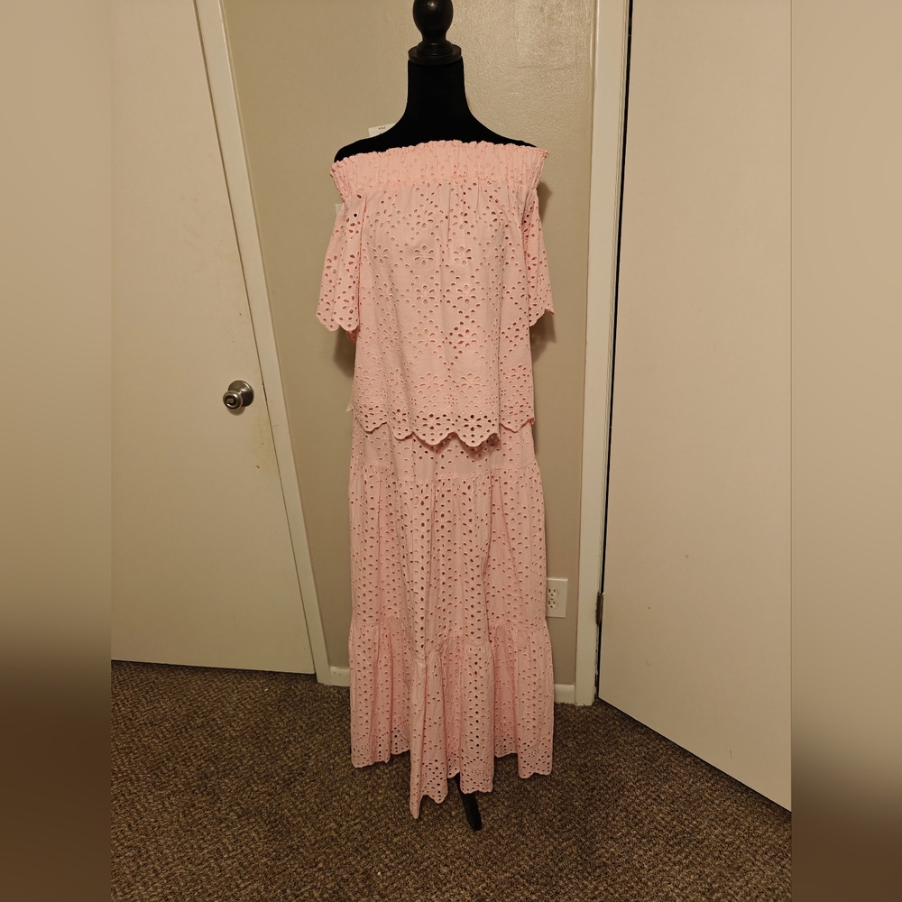 Eyelet Long Skirt & Top M Med Pink Cotton Crown & Ivy 2 Pce NWT Off Shoulder